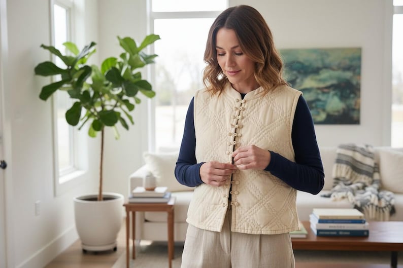 May include: A cream-coloured quilted vest with a diamond pattern and decorative toggles. The vest is worn over a navy blue long-sleeved shirt and paired with beige trousers. The scene is set in a well-lit living room with a large potted plant.