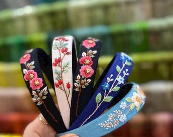 Linda diadema bordada con flores, turbante de lino bordado a mano, accesorios para el cabello hechos a mano para niñas y mujeres, regalo para niñas.
