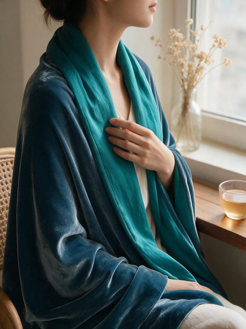 May include: A dual-toned wrap featuring a deep teal velvet exterior and a contrasting bright turquoise fabric interior. The garment drapes over the shoulders, showcasing a soft, reflective texture and a smooth, matte lining in a layered design.