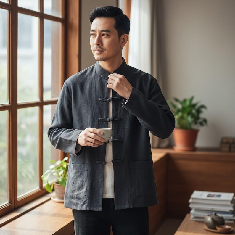 May include: A dark grey jacket with a mandarin collar and frog fastenings. The jacket features two front pockets and is worn over a white shirt. The person is holding a small ceramic cup. The jacket is a traditional style.