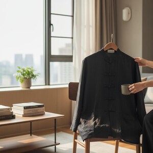May include: A black long-sleeved shirt with a mandarin collar and four toggle fastenings. The shirt is hanging on a wooden hanger over a wooden chair. A small, grey cup is held in a person's hand.