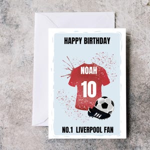 Carte d'anniversaire personnalisée du Liverpool FC, carte d'anniversaire de maillot de Liverpool, carte de football personnalisée avec nom et âge, carte d'anniversaire de fan de Liverpool