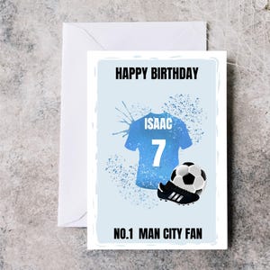 Carte d'anniversaire personnalisée Man City FC, nom et carte d'âge Man City, carte d'anniversaire de fan de Man City, carte de chemise Man City, carte à thème Man City