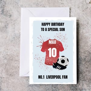 Carte d'anniversaire personnalisée du Liverpool FC pour fils, carte d'anniversaire de chemise de fan de Liverpool pour fils, nom personnalisé et carte de football d'âge