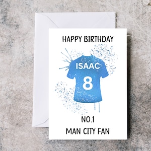 Carte d'anniversaire personnalisée Man City FC, nom et carte d'âge Man City, carte d'anniversaire de fan de Man City, carte de chemise Man City, carte à thème Man City