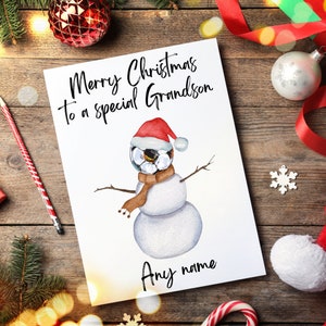 Carte de Noël de football personnalisée pour petit-fils, carte de Noël de football bonhomme de neige, carte de football pour petit-fils, carte de Noël de petit-fils,