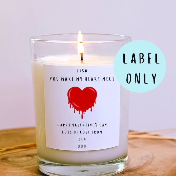 Personalised you make my heart melt candle label, personalised Valentine's candle gift, Valentine's gift for her personalised, candle label
