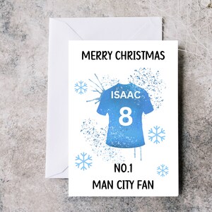 Carte de Noël personnalisée Man City FC, carte de Noël Man City, carte de Noël des fans de Man City, carte chemise Man City, carte thème Man City