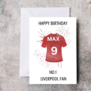 Carte d'anniversaire personnalisée du Liverpool FC, carte d'anniversaire de maillot de Liverpool, carte de football personnalisée avec nom et âge, carte d'anniversaire de fan de Liverpool