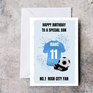 Carte d'anniversaire personnalisée Man City FC pour fils, nom et âge Carte Man City, carte d'anniversaire de fan de Man City, carte de chemise Man City pour fils
