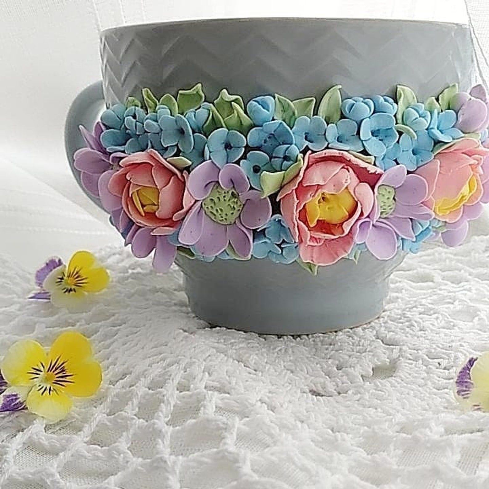 Exclusive set of tea cups with polymer clay decor Etsy