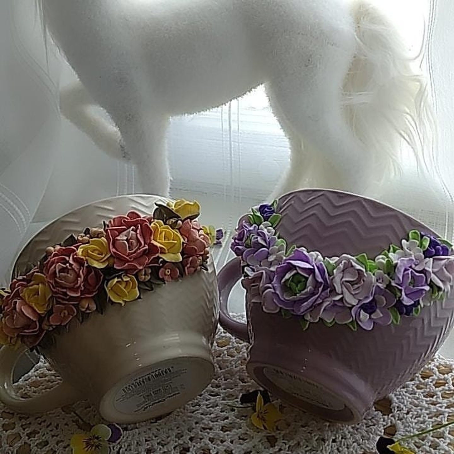 Exclusive set of tea cups with polymer clay decor Etsy