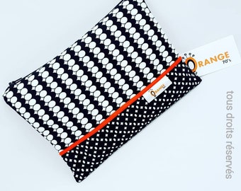 Pochette, sac, trousse, vintage, noir, blanc, orange, graphique