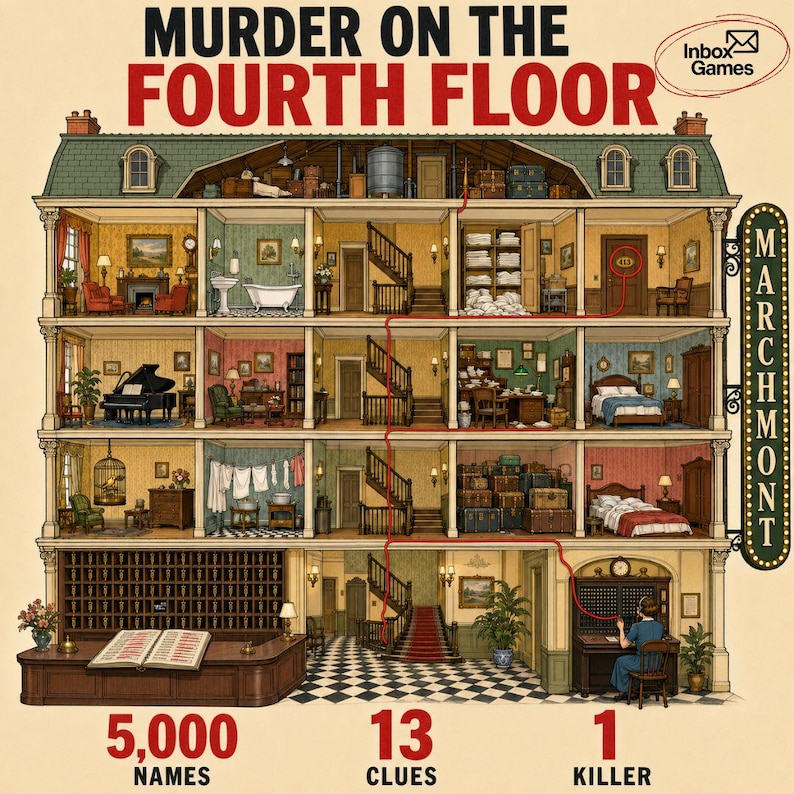 以下が含まれることがあります： Inbox Gamesのボードゲーム「Murder on the Fourth Floor」のパッケージ。マーチモントホテルの断面図が描かれており、複数の部屋、家具、場所をつなぐ赤い線、そして「5,000 names, 13 clues, 1 killer」という文字が記載されています。
