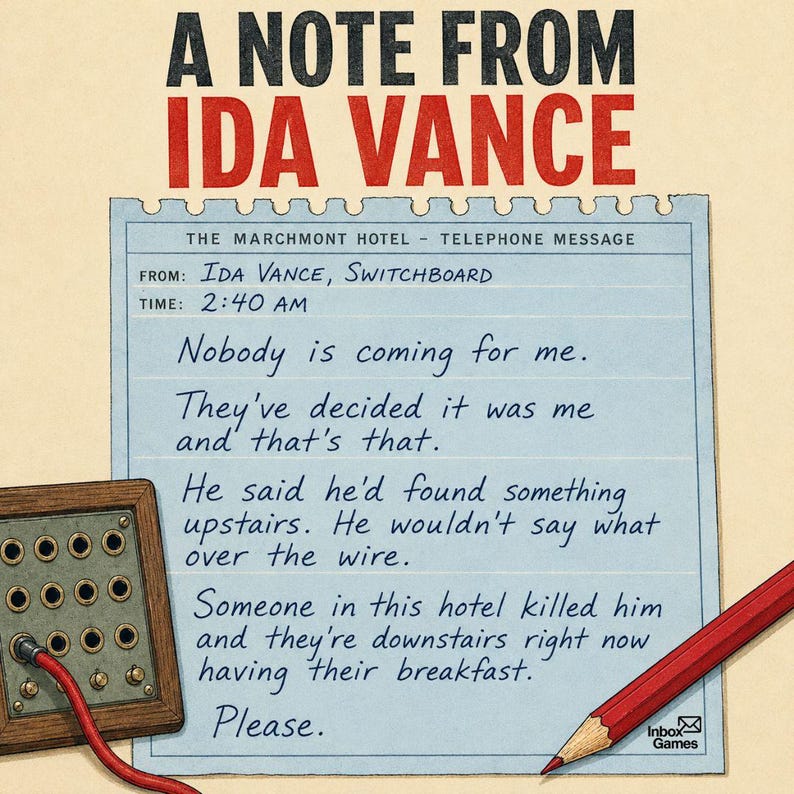 以下が含まれることがあります： The Marchmont Hotelのライトブルーの電話メモ帳。A NOTE FROM IDA VANCEというテキストが記載されています。メモの内容は「Nobody is coming for me. They've decided it was me and that's that. He said he'd found something upstairs. Please.」です。