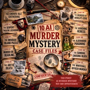 May include: A vintage-style image featuring a murder mystery game with the title "10 AI Murder Mystery Case Files." The scene includes magnifying glasses, old documents, and case files with titles like "The Crown Isle Gathering" and "The Arctic Death."