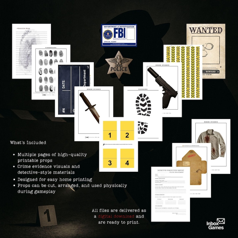 Kit stampabile per delitti misteriosi - Accessori per feste con giochi investigativi - Investigazioni criminali - Decorazioni per escape room immagine 3