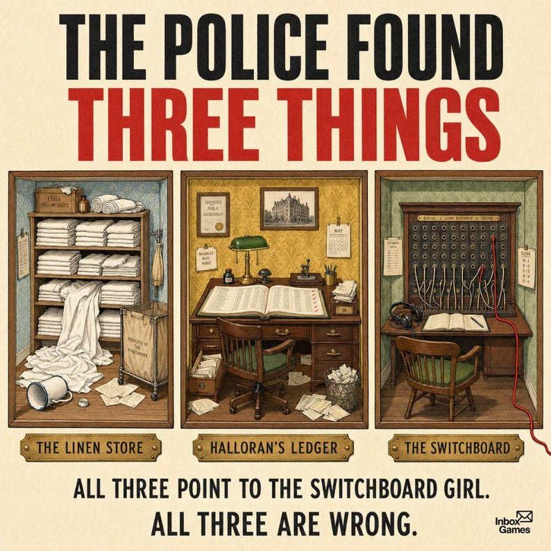 以下が含まれることがあります： THE POLICE FOUND THREE THINGSというタイトルのボードゲームの箱。リネン店、帳簿のあるオフィス、電話交換台という3つのイラストシーンが描かれています。下のテキストにはALL THREE POINT TO THE SWITCHBOARD GIRL. ALL THREE ARE WRONGと書かれています。