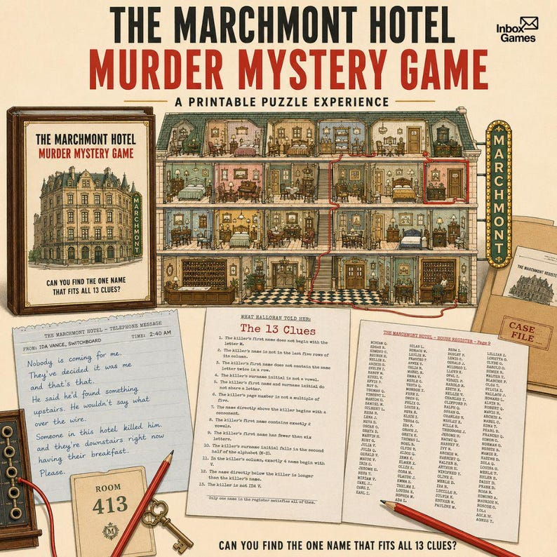 以下が含まれることがあります： The Marchmont Hotel Murder Mystery Gameは、ホテルの断面図、電話のメッセージ、13の手がかりリスト、宿泊者名簿、413号室のカード、鍵、2本の赤い鉛筆が含まれた、印刷して遊ぶパズルゲーム体験キットです。