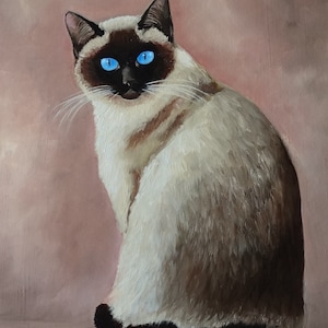Peinture à l'huile originale de chat siamois, oeuvre d'art peinte à la main de chat, art mural de chat mignon