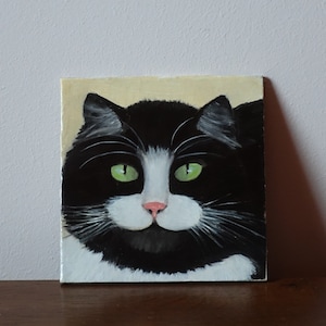 Pintura a óleo em miniatura de retrato de gato, mini arte a óleo de gato fofo, pintura artesanal