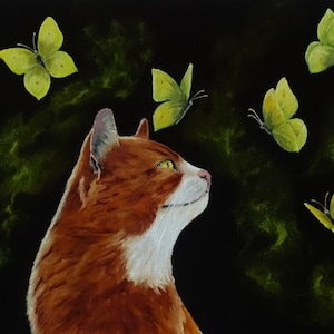 Pintura a óleo original de retrato de gato, gato e borboletas, arte pintada à mão de animal bonito, pintura a óleo de animal em papelão