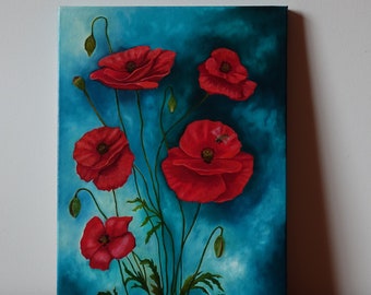 Red poppies original handmade oil painting, Floral wall art, Poppies artwork