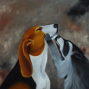 Pintura a óleo original de guaxinim e cachorro fofo, arte de animais engraçados, arte de parede de berçário