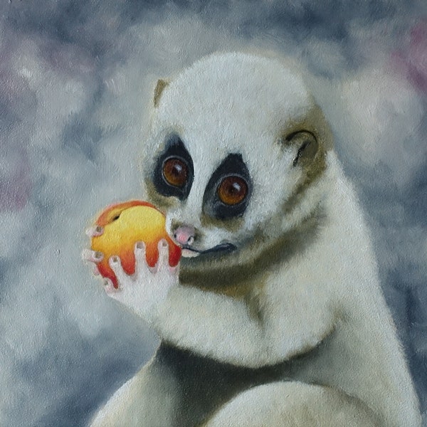 Slow loris original handmade oil painting, Cute animals small artwork, wildlife wall art.