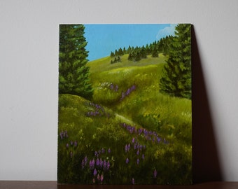 Meadow fild mountain original oil painting, wildflowers mountain wall art