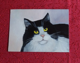 Peinture à l'huile de chat de smoking, portrait de chat peint à la main, oeuvre d'art minuscule de chat