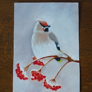 Waxwing Original Oil Painting: Tiny Bird Art, Framed