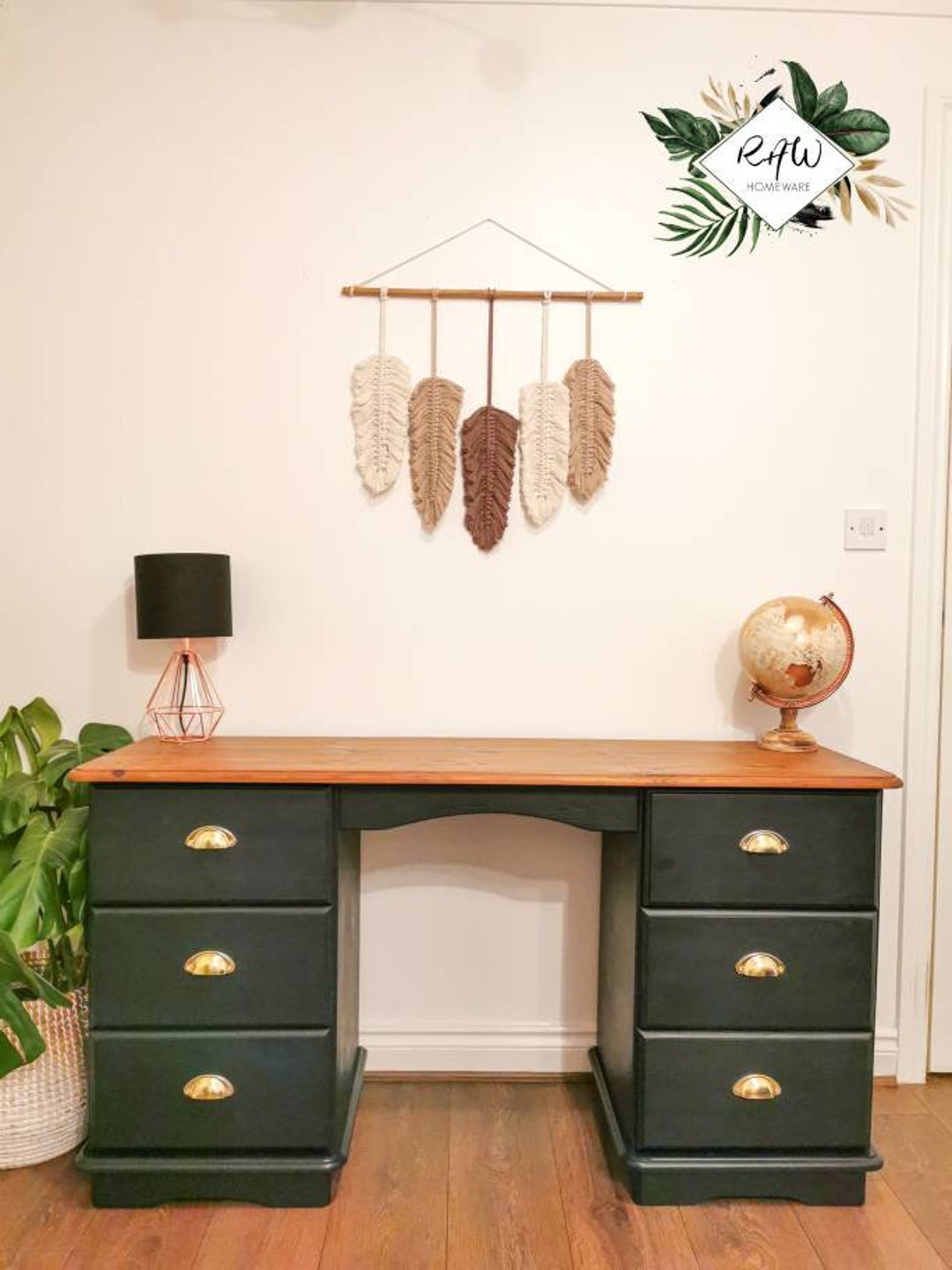 Navy Blue Desk / Dressing Table Gold Pull Handles Paper Lined Drawers