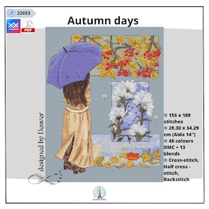 May include: Cross-stitch pattern for a woman with an umbrella walking in the rain. The pattern includes a tree with red berries, white flowers, and falling leaves. The pattern is 156 stitches wide by 189 stitches high, and measures 28.30 inches by 34.29 inches on 14 count Aida fabric. The pattern requires 48 colors of DMC floss and 13 blends.