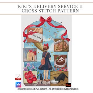 Puede incluir: Un patrón de punto de cruz que presenta a una joven con un lazo rojo, un gato negro y varias escenas ilustradas. El diseño incluye el texto "KIKI'S DELIVERY SERVICE II CROSS STITCH PATTERN" y "Miss Witch". Disponible como descarga instantánea en PDF.
