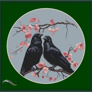 Cross Stitch Pattern Crows in cherry tree to print at home