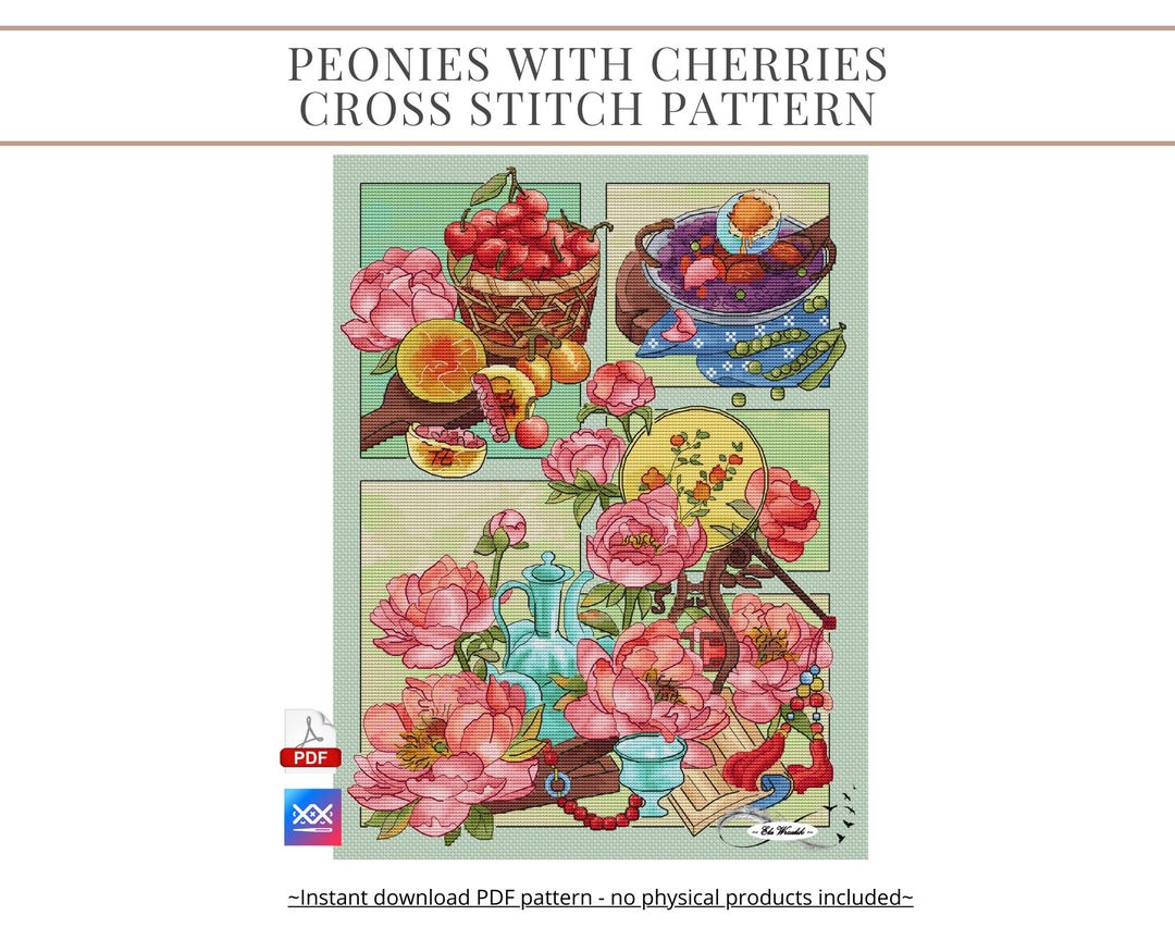 Printable PDF Peonies With Cherries Cross-stitch Pattern (instant ...