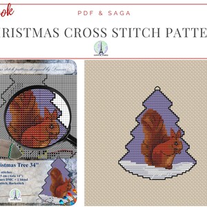May include: Cross stitch pattern for a Christmas tree ornament featuring a red squirrel on a purple background with white snow. The pattern is 8.5 inches by 9.5 inches and uses 15 colors of DMC thread.