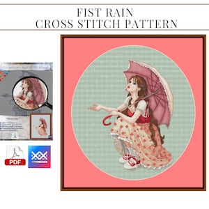 Cross stitch pattern, First rain cross stitch pattern, Girl cross stitch, xstitch chart, needlepoint, needlework, Instant Download PDF