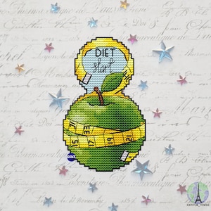 May include: Green apple with a yellow measuring tape wrapped around it. The apple has a red stem and green leaves. A yellow circle with the words "DIET start" is above the apple.