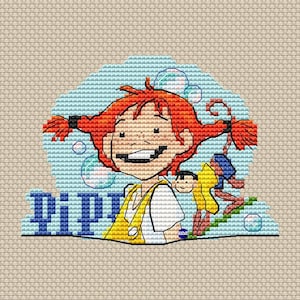 May include: Cross-stitch design featuring a cartoon character with red pigtails, a yellow jacket, and the name "Pippi" in blue letters. The character is surrounded by bubbles, with another figure in the background. The design is on a beige fabric.