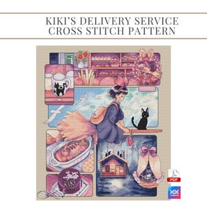 Puede incluir: Un patrón de punto de cruz que presenta una escena de Kiki's Delivery Service. La imagen muestra a una joven en una escoba con un gato negro, volando sobre un pueblo. Otros paneles muestran una panadería, una taza y un pastel.