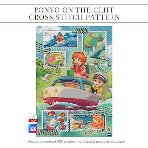 May include: A cross stitch pattern titled PONYO ON THE CLIFF CROSS STITCH PATTERN featuring a collage of postage stamp illustrations depicting characters in a boat, a bowl of ramen, and coastal scenes with green and blue watercolor backgrounds.