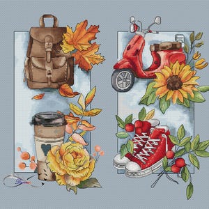 May include: A digital illustration of a brown leather backpack, a red scooter, a cup of coffee, a sunflower, and red sneakers with a floral design. The illustration is set against a light blue background.