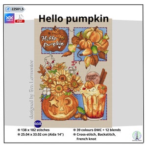 Halloween cross stitch pattern, Hello pumpkin, Cross stitch chart, Halloween cross stitch decor, Digital cross stitch pattern