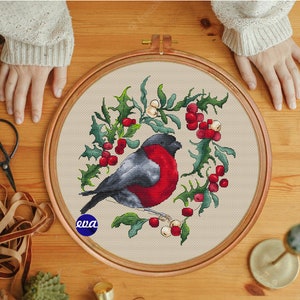 Bullfinch Christmas Cross Stitch Pattern: Bird & Holly Wreath (PDF)