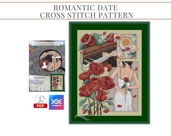 Patrón de punto de cruz "Cita romántica": Rosas, piano y perlas (PDF)