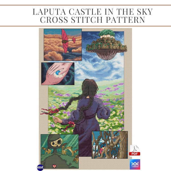 Patrón de punto de cruz "Castillo en el cielo de Laputa" (Descarga instantánea en PDF)