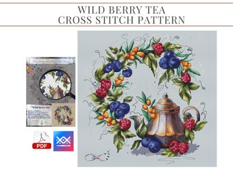 Wild Berry Tea Cross Stitch Pattern: Floral Teapot Design (PDF Pattern)