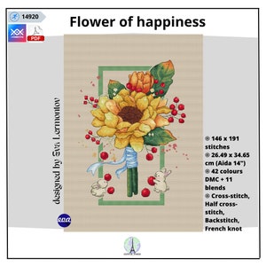 Flower of happiness cross stitch pattern, Sunflower Cross Stitch Pattern, Cross Stitch Chart, Instant Download PDF